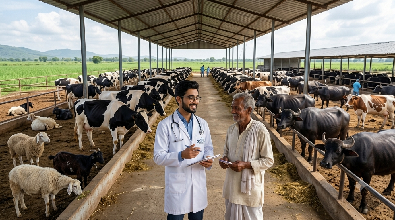 Zafino veterinary team visiting a dairy farm, consulting with a farmer among cattle, buffalo, goats and sheep